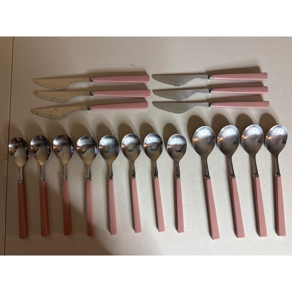 Vintage Anacapa Pink Handle Stainless Steel Flatware Set 18pc Spoons Knives MCM